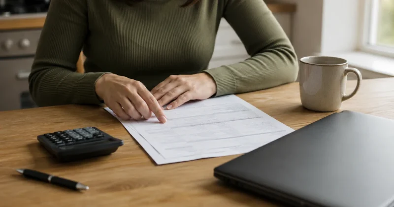 Person reviewing a personal loan application form with a calculator and laptop at a kitchen table