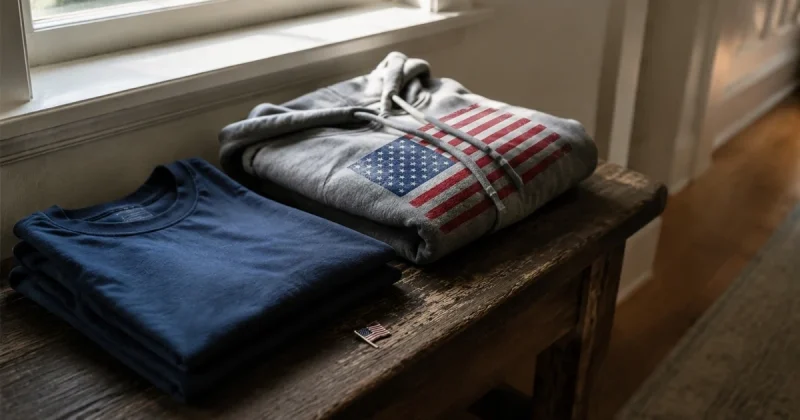 Folded navy t-shirt and a grey hoodie with an American flag print on a wooden bench beside a small flag pin