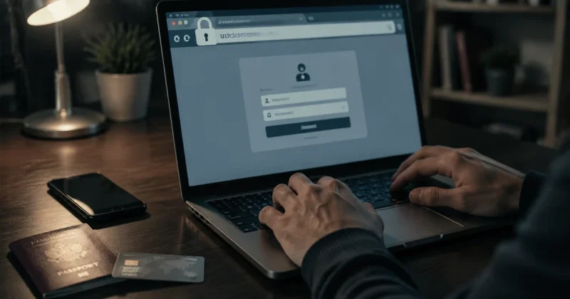 Hands typing on a laptop showing a secure login page, with a passport and bank card on the desk