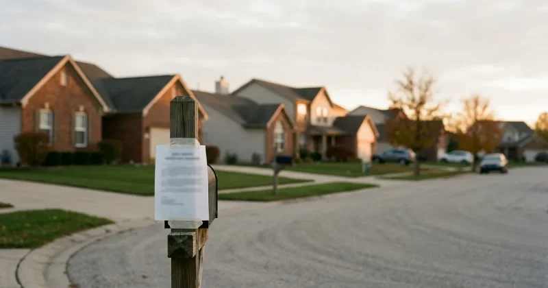 A printed notice taped to a mailbox post in the foreground of a quiet suburban cul-de-sac of single-family homes at sunset