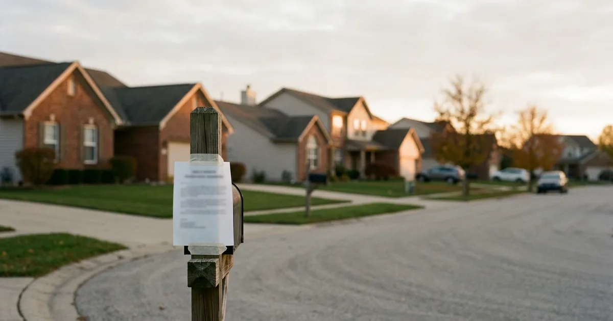 A printed notice taped to a mailbox post in the foreground of a quiet suburban cul-de-sac of single-family homes at sunset
