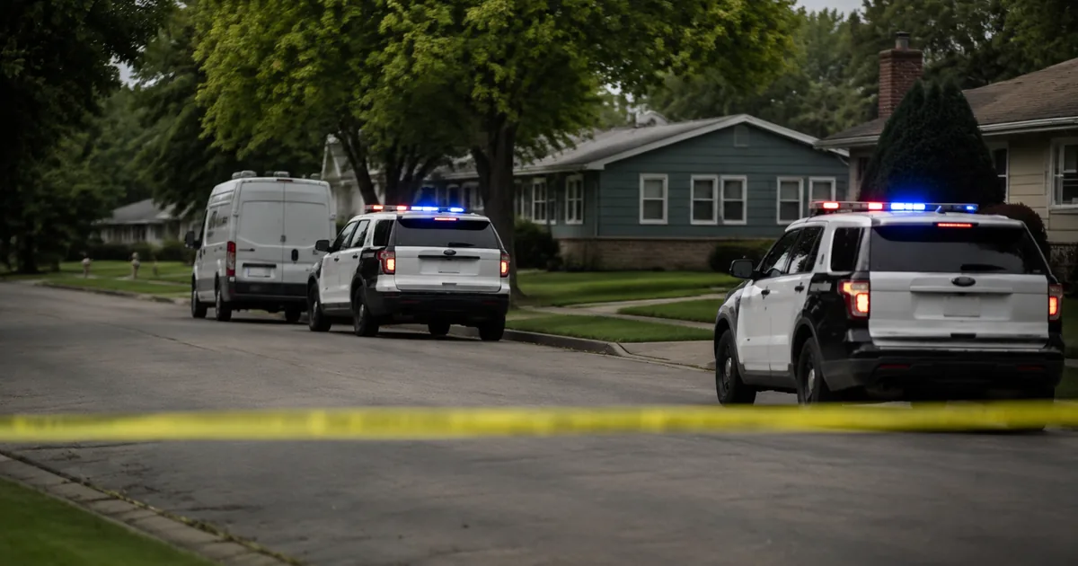 Yellow police tape across a suburban street with two marked police SUVs and a white investigation van parked outside single-story houses