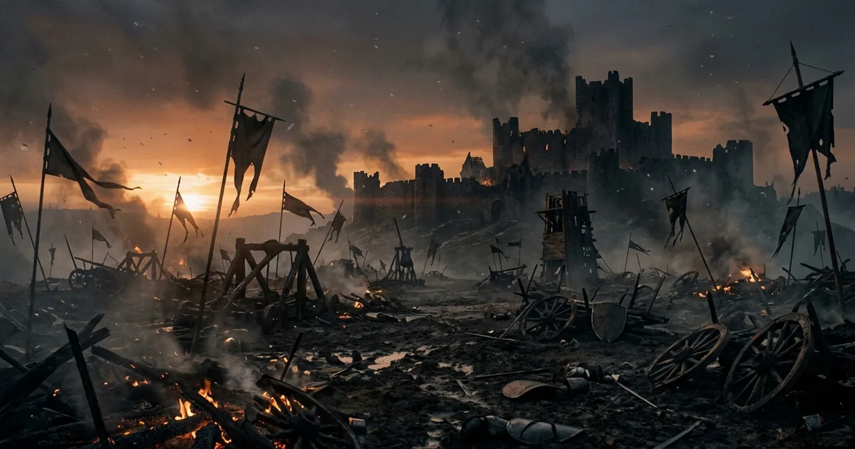 Burned siege engines and broken cart wheels smoulder on a muddy field at dusk beneath a ruined stone castle wall