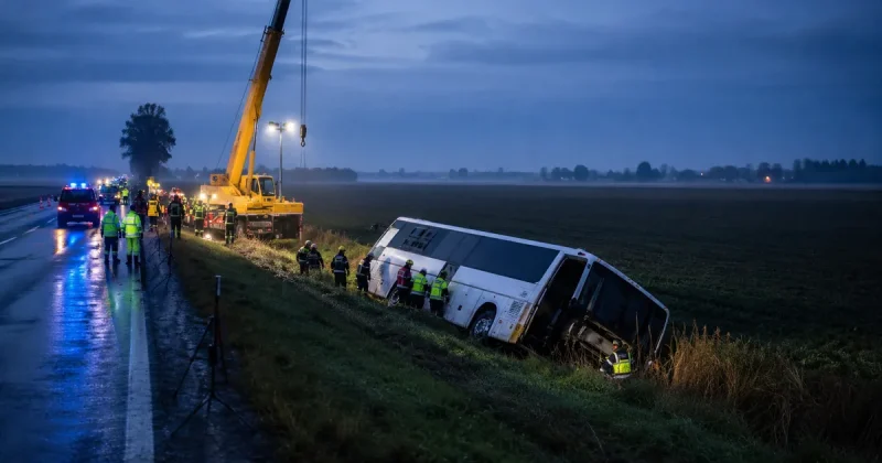 Overturned white touring coach lying on its side in a grassy ditch beside a straight motorway at dawn, with a yellow mobile crane and emergency crews in high-visibility jackets working alongside