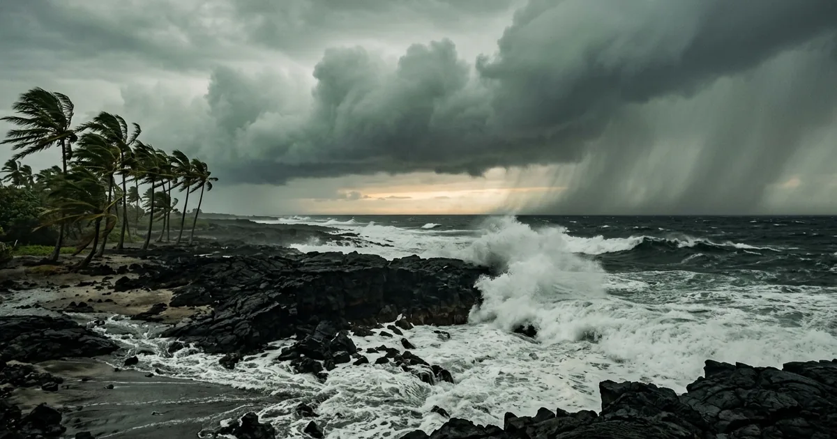 Storm clouds and slanting rain over a black lava coastline as heavy surf explodes against the rocks and wind-bent palms lean inland