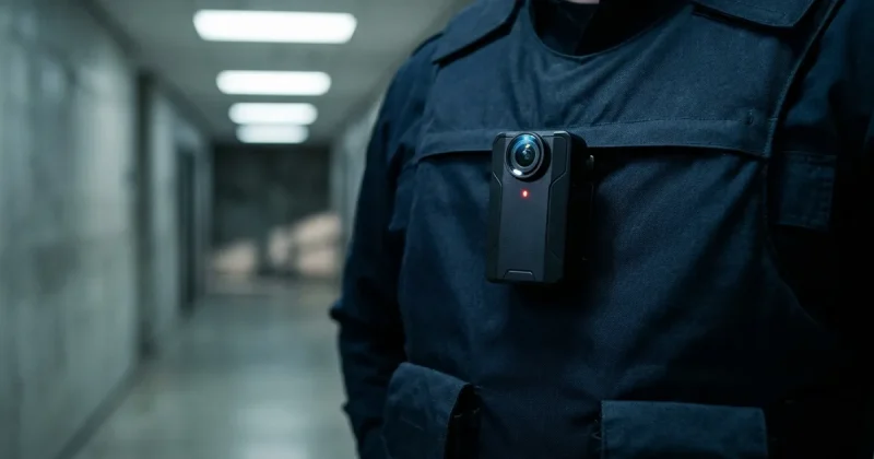 Close-up of a black body-worn camera clipped to a dark navy tactical vest, red recording light on, in a dim institutional corridor