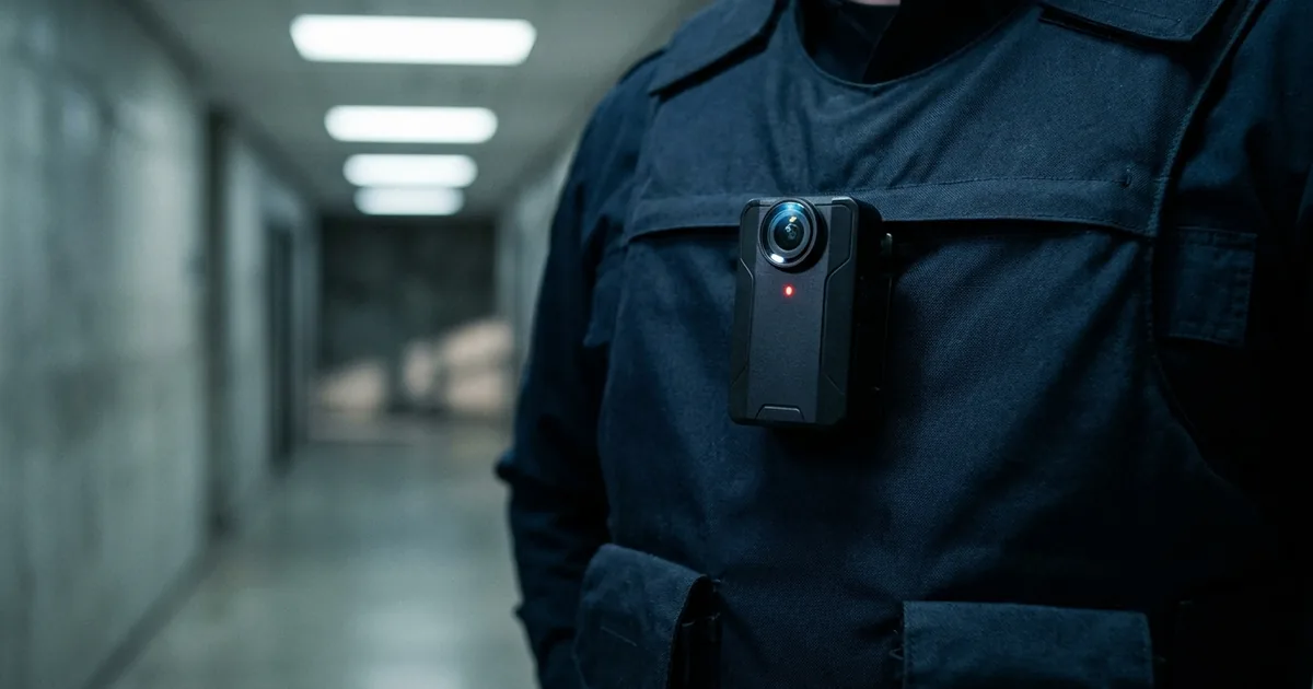 Close-up of a black body-worn camera clipped to a dark navy tactical vest, red recording light on, in a dim institutional corridor