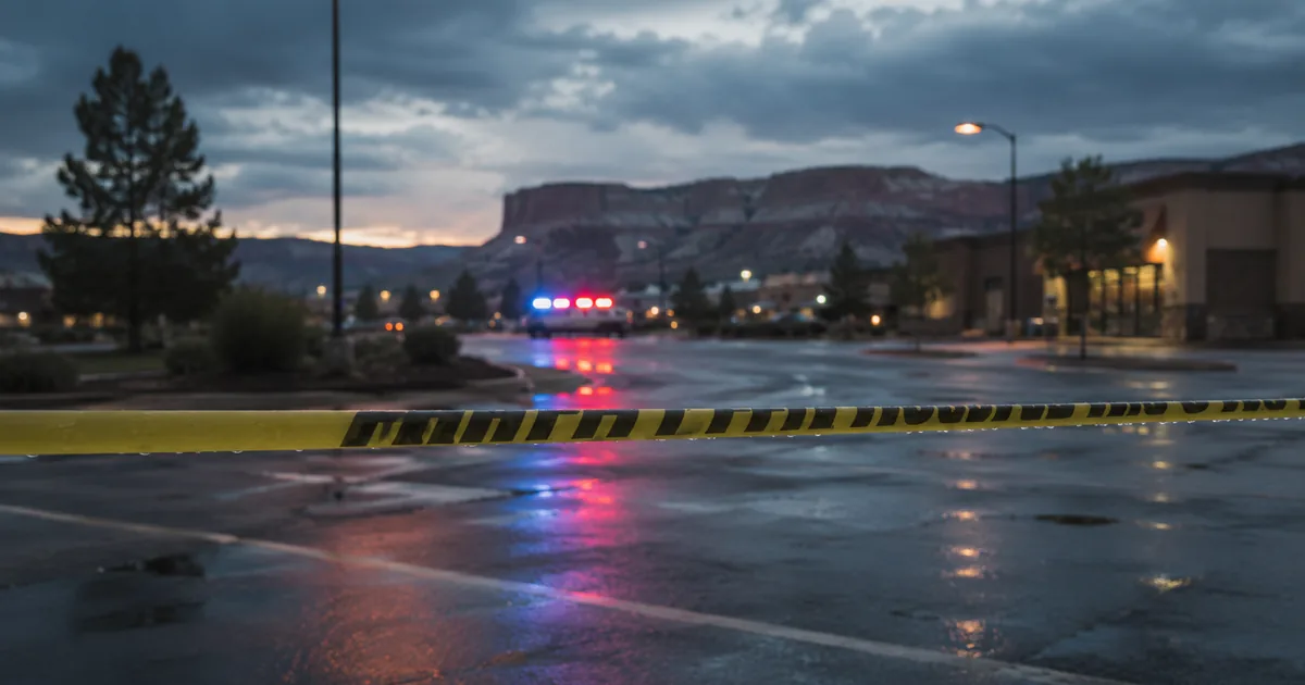 Yellow police tape stretched across a wet parking lot at dusk, emergency vehicle lights reflecting on the asphalt, with a desert canyon rim on the horizon
