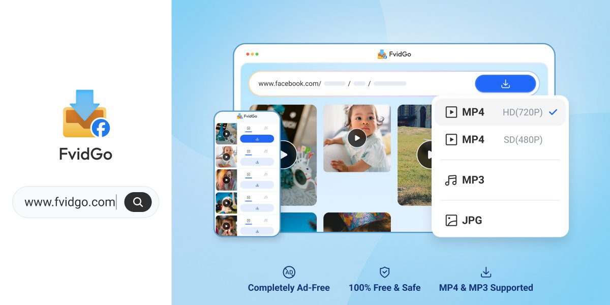 FvidGo Facebook video downloader showing MP4 HD, SD, MP3 and JPG download options in a browser