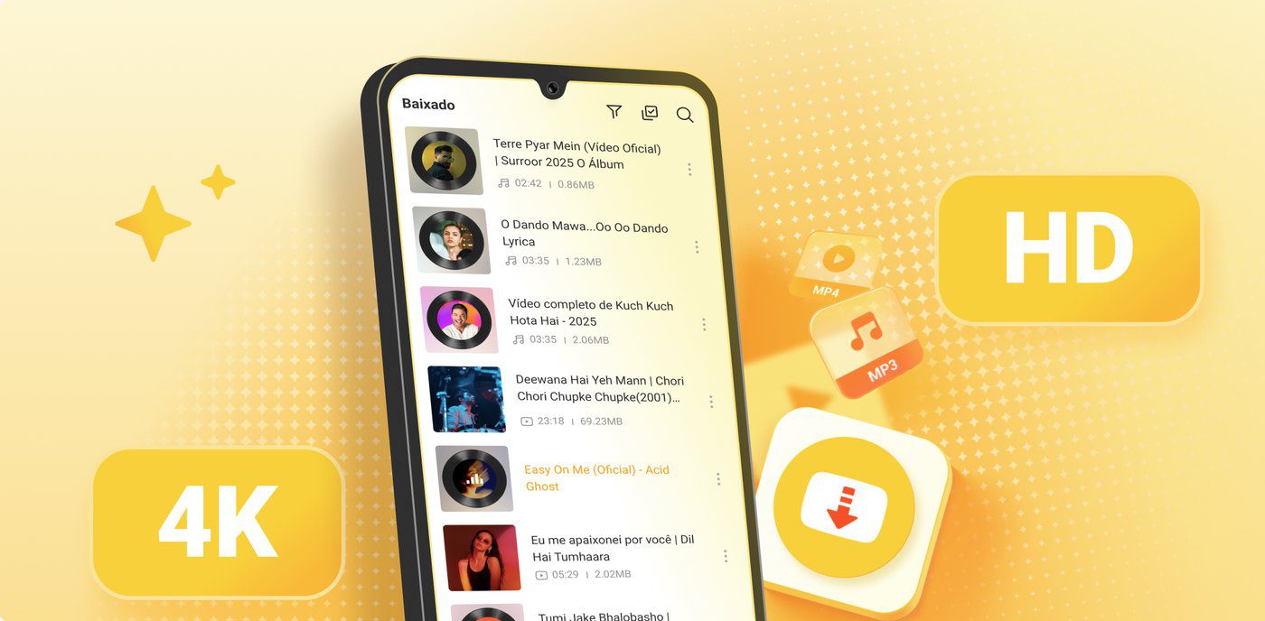 Snaptube app on an Android phone listing downloaded videos and audio files with HD and 4K badges
