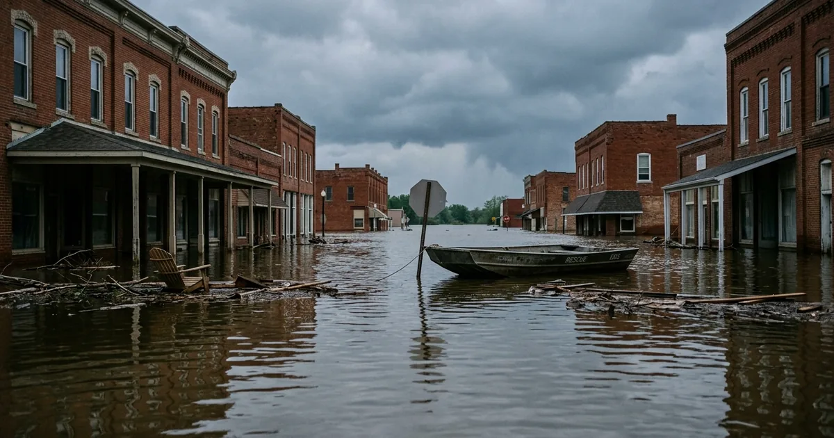 Brown floodwater filling a small Midwestern main street up to the storefront porches, with an empty aluminum rescue boat tethered mid-street under a dark sky