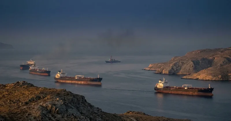Crude oil tankers moving in single file through a narrow sea channel between rocky coastlines at dusk, with a grey naval destroyer in the distance