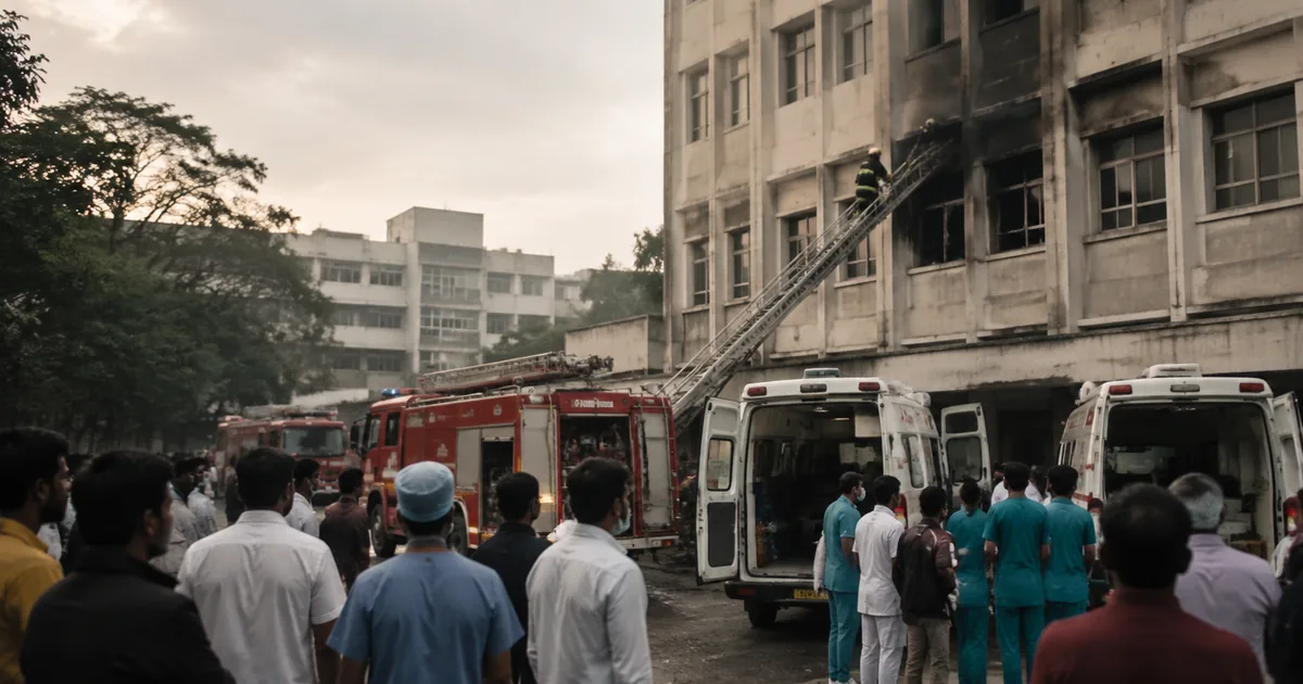 Firefighters on an extended ladder reaching a smoke-blackened upper-floor hospital window as fire engines and open ambulances stand in the forecourt below and hospital staff in scrubs look on