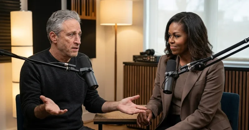 Jon Stewart gestures mid-sentence behind a broadcast microphone while Michelle Obama listens from the opposite chair in a warmly lit podcast studio