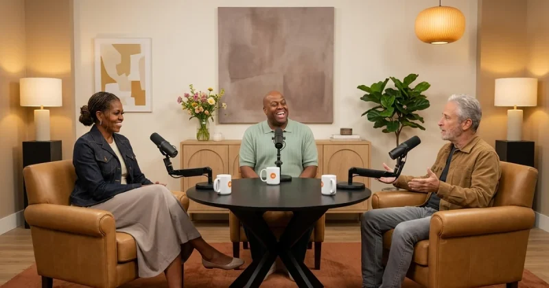 Michelle Obama, Craig Robinson and Jon Stewart seated in tan leather armchairs around a black round table with broadcast microphones in the warm living-room set of the IMO podcast