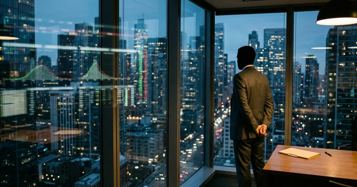 A suited figure seen from behind at a glass office wall, with probability curves reflected faintly in the window over a city skyline