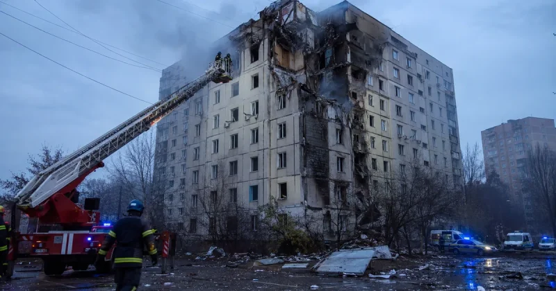 Firefighters on an extended red aerial ladder work at the gutted upper floors of a nine-storey pale concrete apartment block, its facade blackened and torn open, with debris across wet asphalt and emergency vehicles at a cordon in the grey morning light