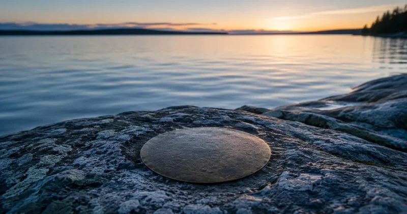 A plain brass geodetic survey marker set into granite at the edge of a large lake at first light, far shoreline visible on the horizon