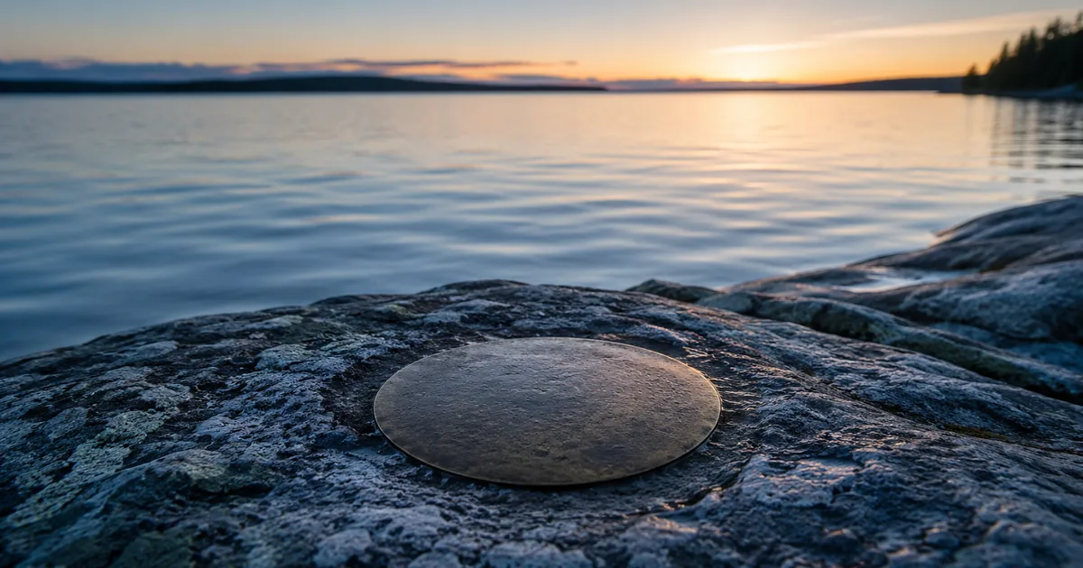A plain brass geodetic survey marker set into granite at the edge of a large lake at first light, far shoreline visible on the horizon