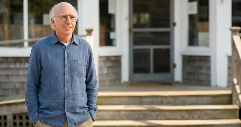 Larry David in a blue shirt standing with hands in pockets outside a weathered clapboard general store, smiling faintly and looking off to one side
