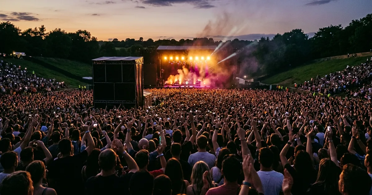 A large festival crowd with raised hands seen from behind, facing a distant amber and magenta lit main stage in a grass bowl amphitheatre at dusk