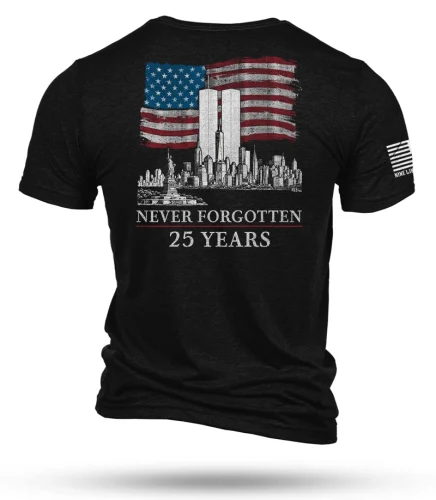 Black patriotic t-shirt with American flag and New York skyline design