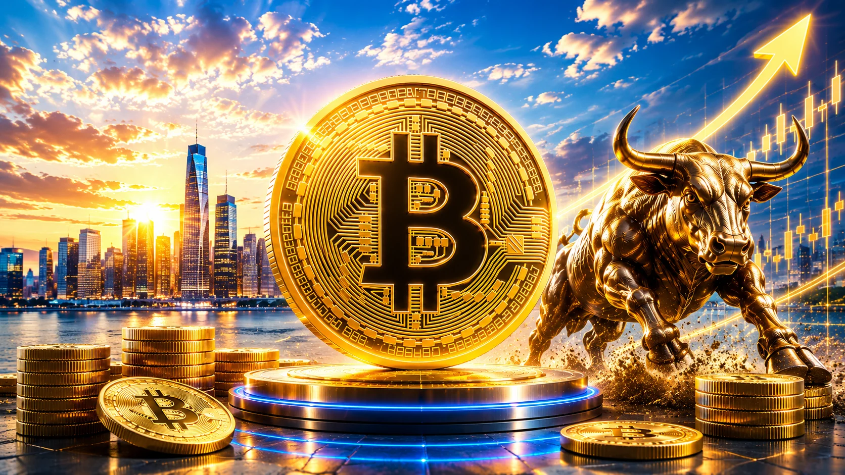 Gold Bitcoin coin on a podium beside a charging bull and a rising price chart against a city skyline at sunset