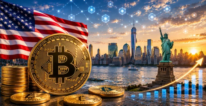 Gold Bitcoin coins in front of a US flag and the New York skyline with a blockchain network overlay