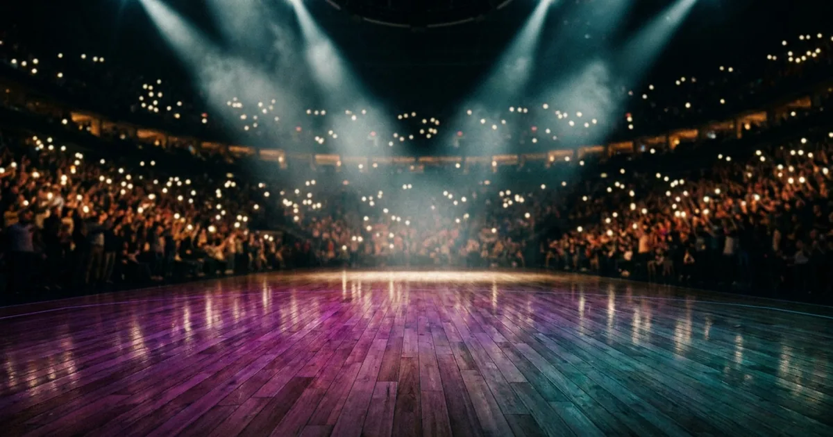 Empty hardwood basketball court lit by purple and teal spotlights with a packed blurred crowd holding phone lights