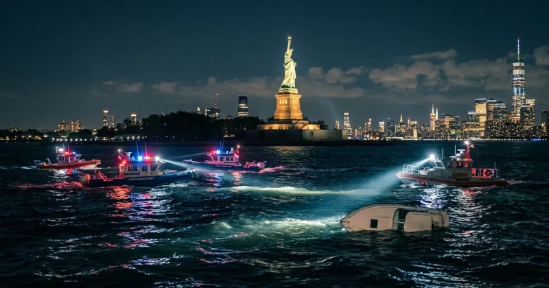 NYPD Harbor Unit and US Coast Guard boats sweep searchlights across dark choppy water near the illuminated Statue of Liberty at night, with an overturned white powerboat hull partially submerged in the foreground
