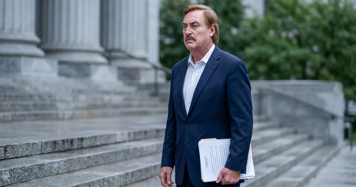 A man in a dark navy suit and open-collar white shirt stands on grey granite courthouse steps holding a sheaf of legal papers, looking past the camera