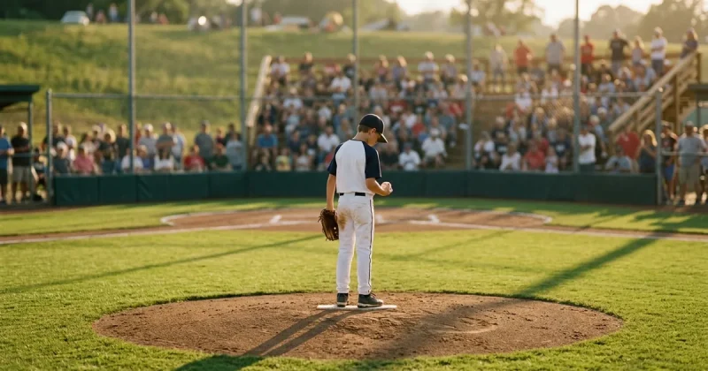 A boy of about twelve stands alone on a baseball pitcher's mound looking down at the ball, with a blurred packed crowd on a grassy hillside behind the outfield fence in golden late-afternoon light