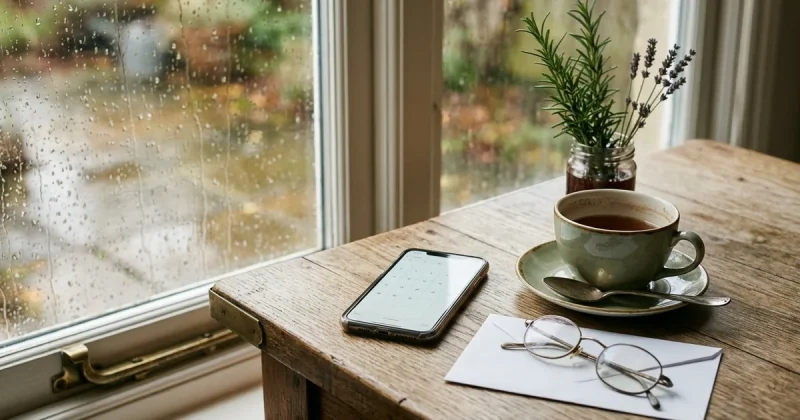 A phone showing an open calendar app rests on a wooden kitchen table beside a cold cup of tea, folded reading glasses on an unopened envelope and a jar of rosemary, next to a rain-streaked window