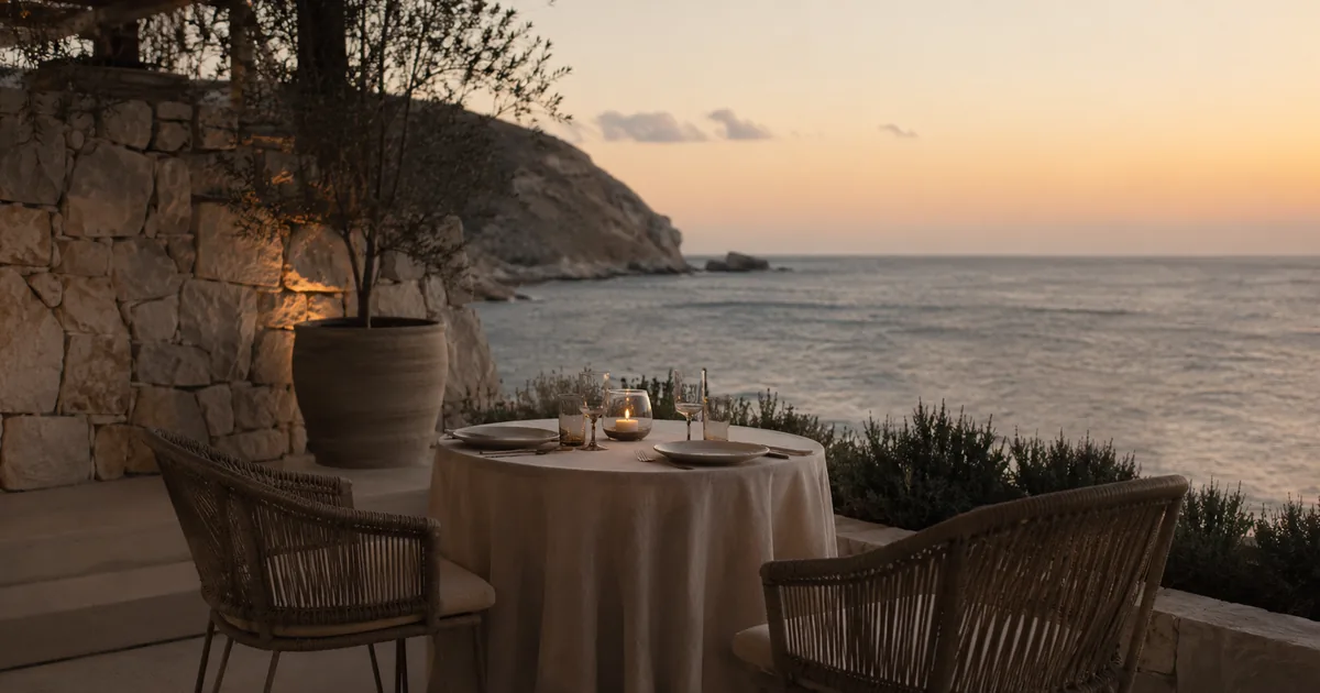 A candlelit table for two on a quiet private villa terrace overlooking the sea at dusk