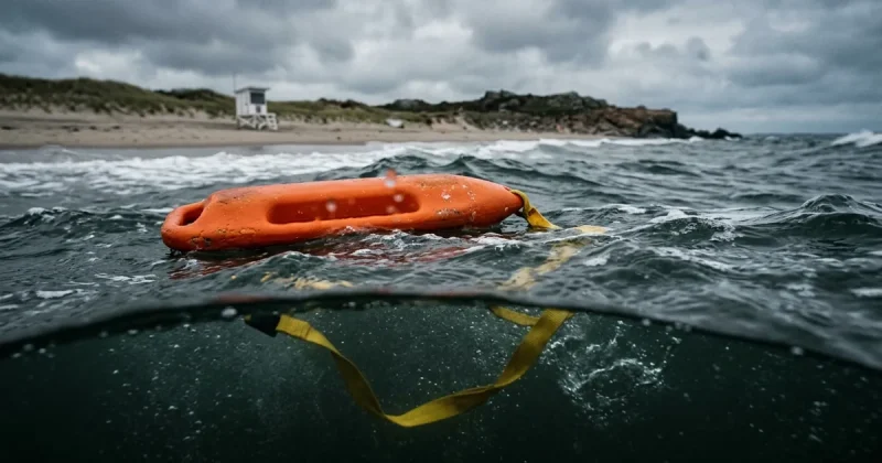 An orange foam lifeguard rescue torpedo floats in gray-green surf, its yellow shoulder strap trailing loose underwater, with an empty sand beach and shuttered lifeguard stand blurred behind