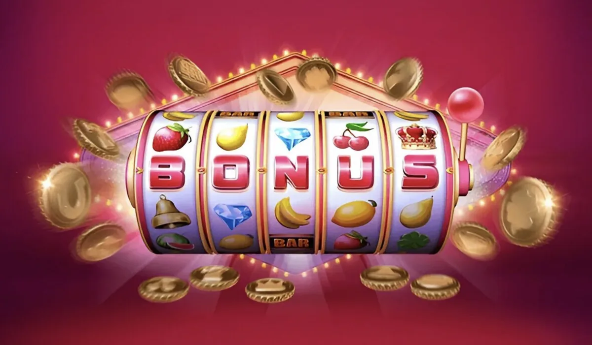 Illustrated slot machine reels spelling the word bonus surrounded by coins