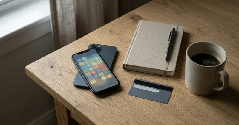 A smartphone showing an abstract game grid next to a bank card, notebook and coffee on a wooden desk