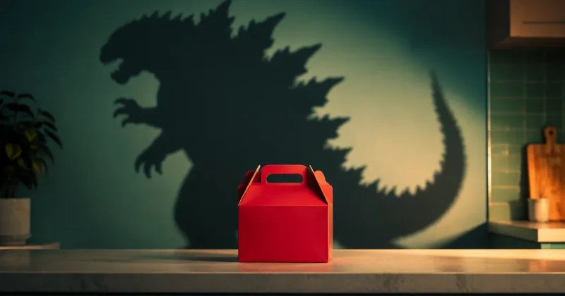 A small red cardboard kids meal box on a counter throwing an enormous spiked monster shadow across the wall behind it