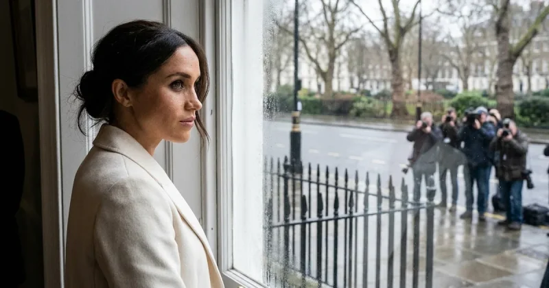 A woman in a cream coat stands at a tall sash window looking out at a wet London street where press photographers wait on the far kerb