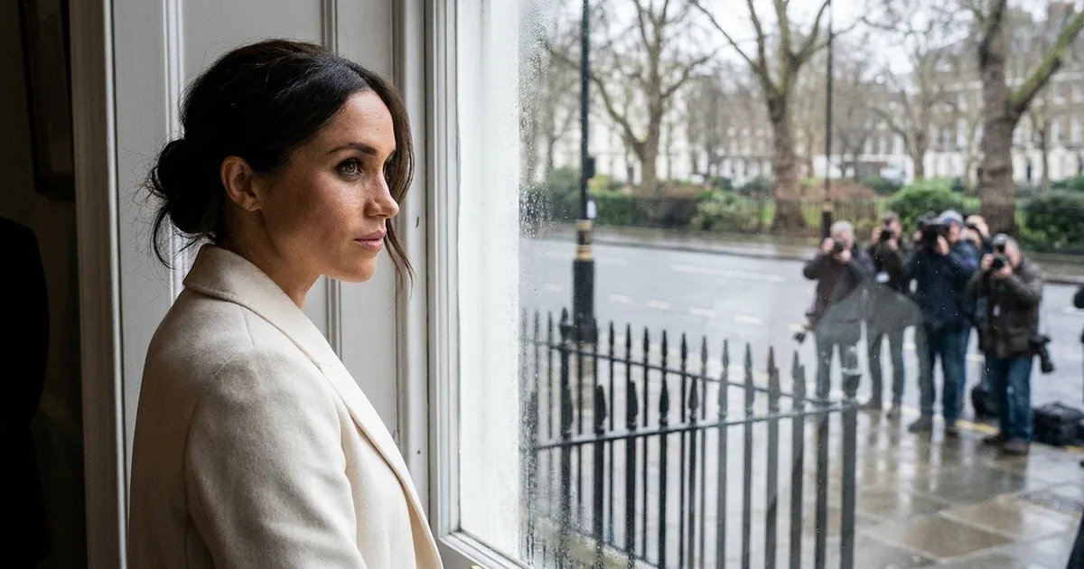 A woman in a cream coat stands at a tall sash window looking out at a wet London street where press photographers wait on the far kerb