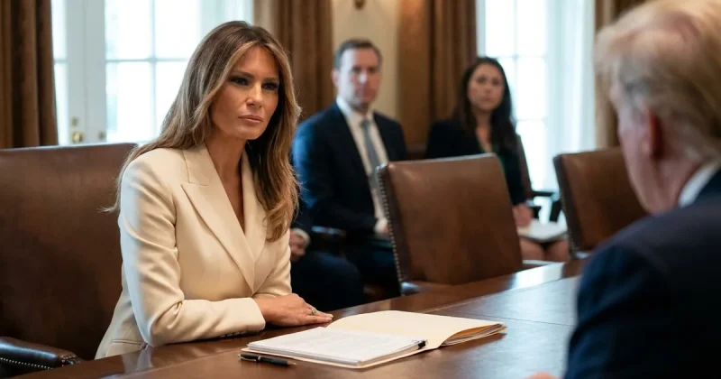 Melania Trump in a cream blazer seated at a wooden conference table with an open document folder, listening during a White House meeting