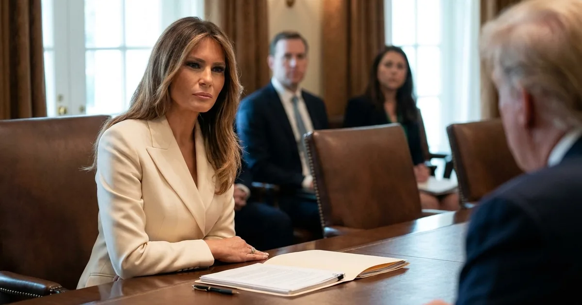 Melania Trump in a cream blazer seated at a wooden conference table with an open document folder, listening during a White House meeting