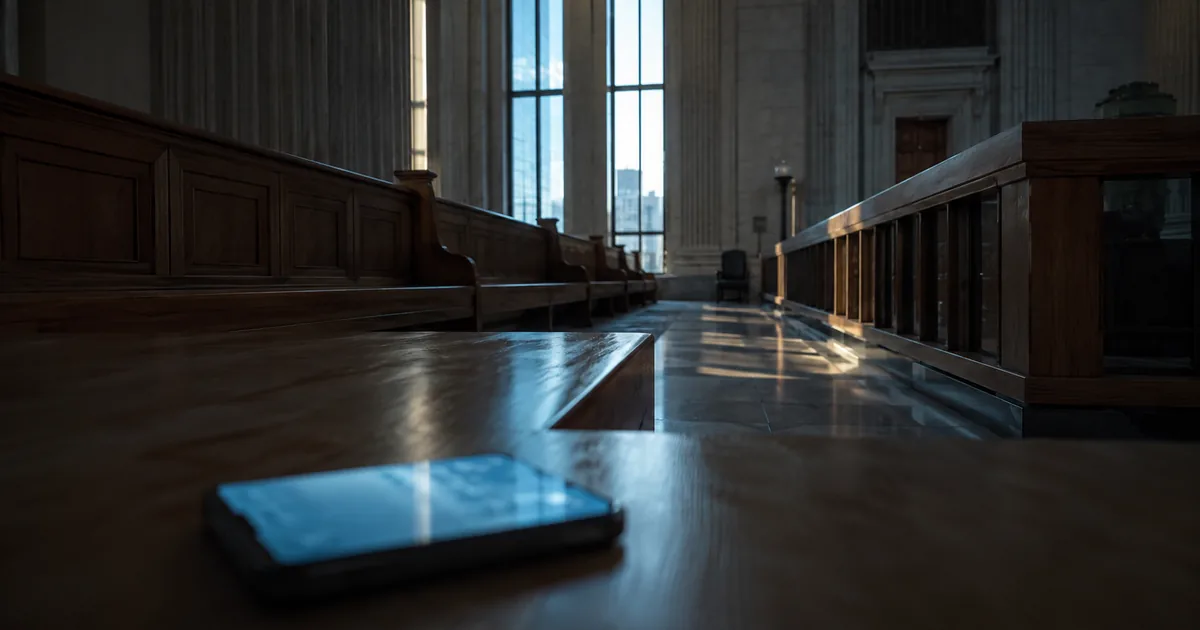 Sunlit empty wooden benches in a federal courthouse gallery with a smartphone glowing face up in the foreground