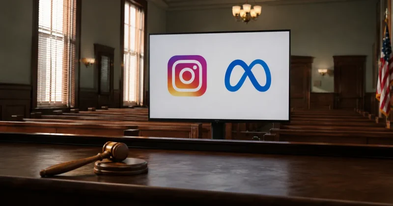 Instagram and Meta logos displayed on an evidence monitor in an empty American courtroom, with a judge's gavel resting on the bench in the foreground
