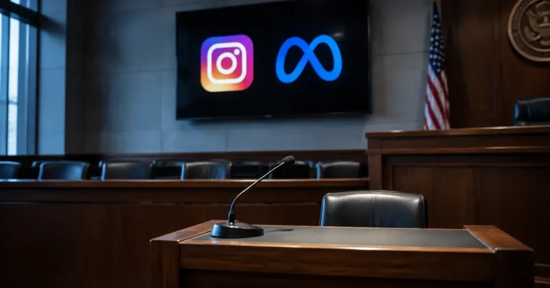 An empty witness stand and microphone in a federal courtroom, with the Instagram app icon and Meta logo displayed on a wall-mounted screen above an empty jury box