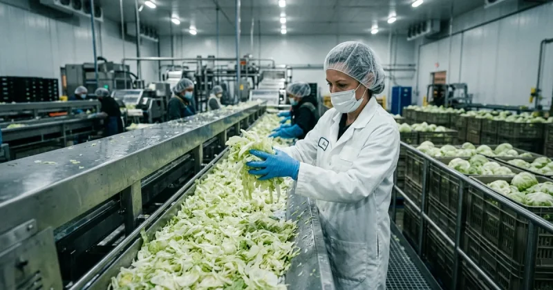 A food safety inspector in a white coat, hairnet and blue nitrile gloves examines a handful of shredded iceberg lettuce on a stainless steel conveyor in a commercial produce processing plant