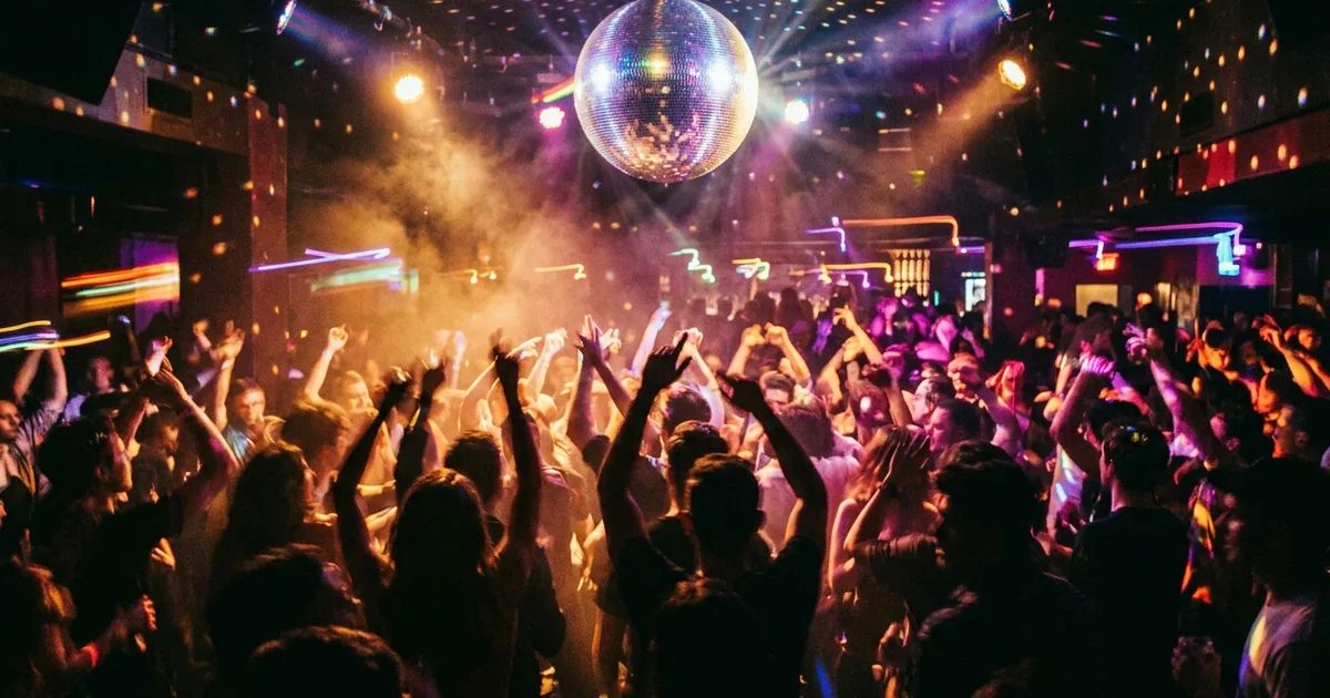 A packed nightclub dance floor with hands raised in motion blur beneath a mirrored disco ball scattering light