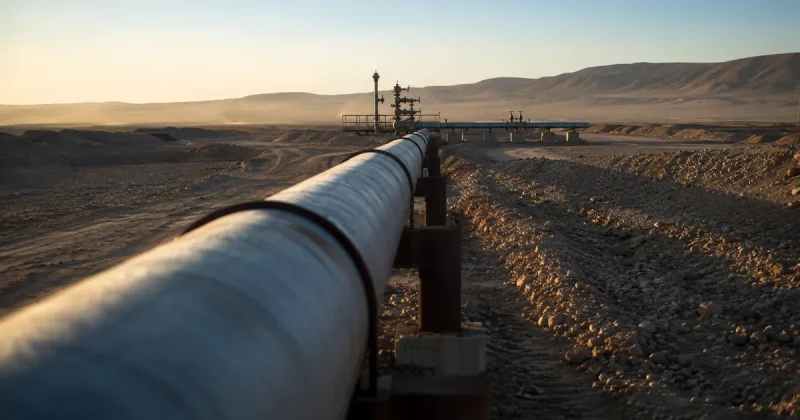 Above-ground crude oil pipeline running across arid desert terrain toward a pumping station at sunset