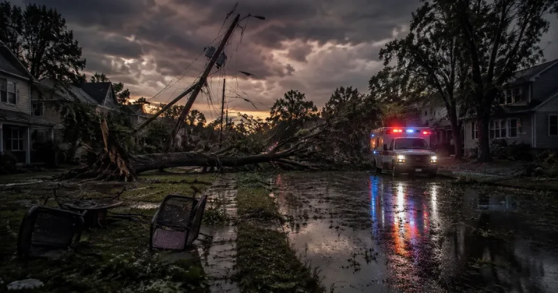 An ambulance with flashing red and blue lights stopped behind a large fallen tree and tangled power lines blocking a flooded residential street at dusk, with unlit houses on both sides.