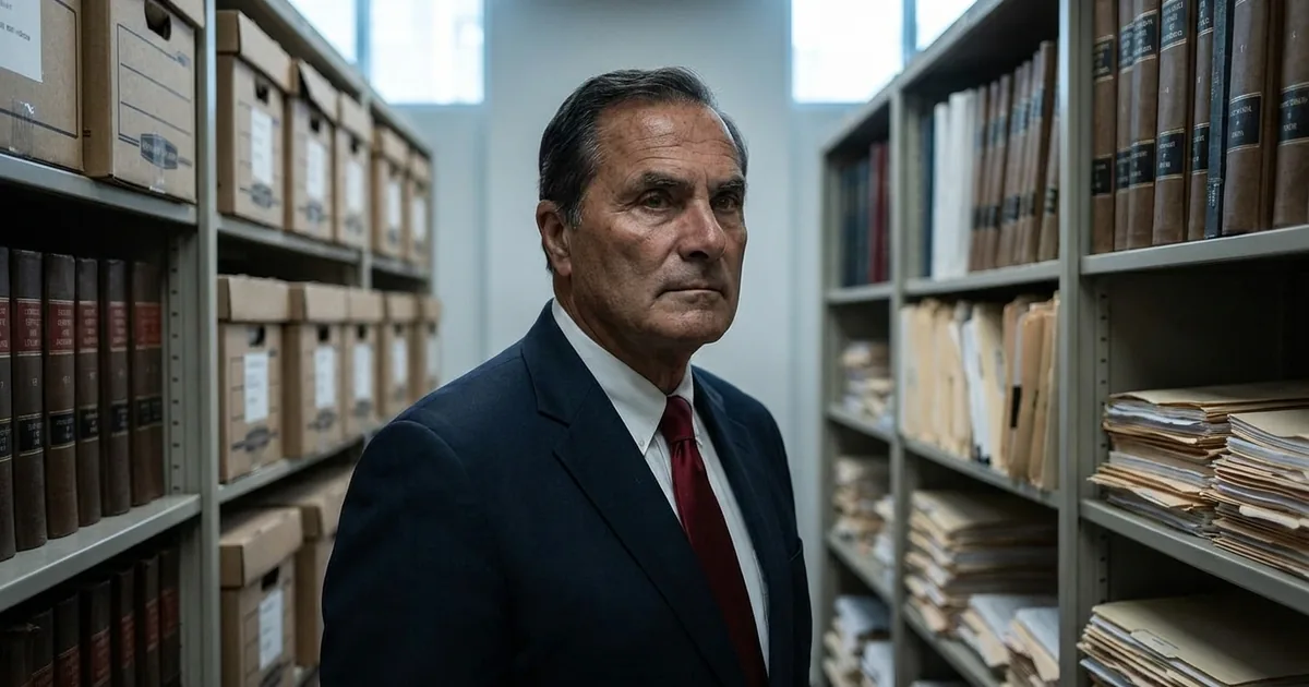 Michael Caruso in a dark suit and red tie standing between shelves of court file boxes and legal ledgers in a county courthouse records room